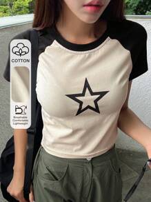 DAZY Áo thun tay ngắn họa tiết ngôi sao năm cánh in khối màu cho nữ mùa hè, áo crop top nữ - Nhiều màu - Xem 1