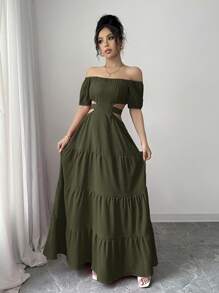 Rafferiza Vestido casual de vacaciones con hombros descubiertos y moño en la espalda - Verde Oliva - Ver 5