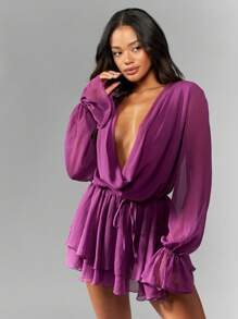 MISSGUIDED Vestido mini envolvente de chifón de manga larga con escote profundo, para fiesta, cóctel, con volantes, capas, lazo en el hombro, para ocasiones especiales