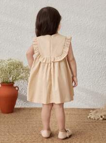 Blossori Baby Girls Country Style Beige Ruffle Trim Round Neck Sleeveless Dress - Yellow - View 2