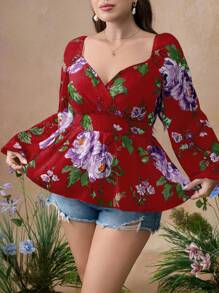 Flirla Plus Size Women Chicken Collar Chiffon Print Long Sleeve Elegant Retro A-Line Shirt,Valentine - Burgundy - View 3