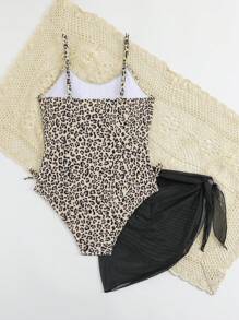SHEIN Costum de baie 1 piesă cu imprimeu leopard pentru fete Tween și fusta acoperită, vacanță de vară la plajă