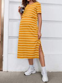 SHEIN Women's Casual Yellow Striped Nursing Dress With Short Sleeves And Round Neckline For Easy Breastfeeding - Yellow - View 4