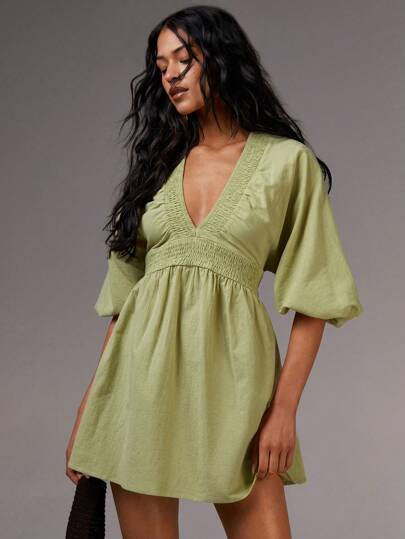 Athîral Women's Casual Solid Color Lantern Sleeve Mini Dress, Summer