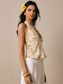 Poéselle Women's Sequin Flower Embroidery Backless Halter Top - Apricot - View 6