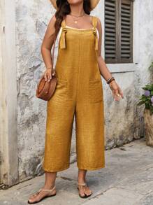 SHEIN LUNE Plus Size Drawstring Pocket Decor Straight Leg Jumpsuit - Yellow - View 3
