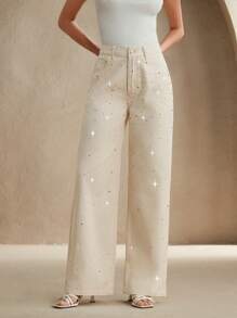Anewsta 女士新款奢华闪亮彩色水钻牛仔裤，直筒版型，适合情人节派对，白色 - 米色 - 查看 7