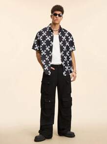 Paul Frank X SHEIN Men's Skurvy Print Button Front Casual Short Sleeve Shirt, Suitable For Summer - Black - View 3