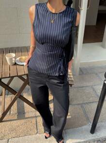Siren Gaze 1pc Women Summer Cinched Waist Fitted Top With Tie Details, And 1pc Sleeveless Striped Tank Top,Summer Outfits For Women,Office Outfits For Women,Business Casual Woman,Streetwear Women