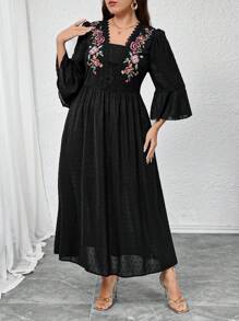 Modelyn Plus Size Women Floral Embroidery Bell Sleeve Elegant Dress,Flowy Dress Fall - Black - View 6