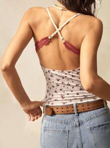 Bohemela Top ajustado de mujer con estampado floral de contraste con encaje para el festival de música de verano en estilo bohemio - Rojo - Ver 2