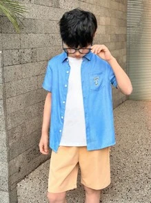 2件套男童领开衫配刺绣衬衫和休闲短裤套装 - 淺藍色 - 查看 4