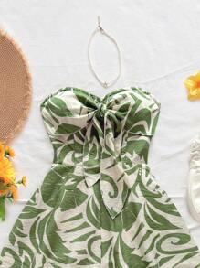 Soleia 女性节日、春夏狂欢、海滩邮轮度假、绿色水彩剪影印花图案、扭纹前抹胸、宽松阔腿连体裤、派对、约会、夏季穿搭 - 彩色 - 查看 5