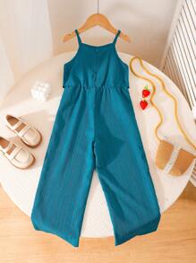SHEIN Textured Fabric Sleeveless Ruffled Hem Jumpsuit For Young Girls - Teal Blue - View 2