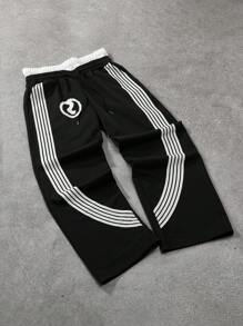 Manfinity Streetrush Manfinity Streetrush Men's Sweatpants One-Piece, 2 In 1 Double Waistband Design, Imitation Applique Embroidery Craftsmanship, Side Stripe Printing, Elastic Waistband Men Track Pants Gym Pants For Men Sport Pants For Men Men Gym Pants Street Wear Pants Men