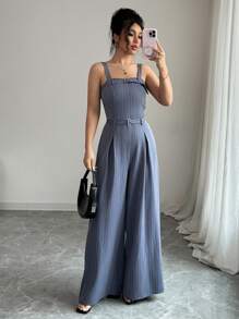 Elenzga 女式西部牛仔风格条纹金属装饰吊带背心连体裤，无袖，束腰，直腿 - 藍色 - 查看 3