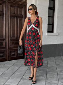 Pariaura Vestido casual de playa y verano para mujer con estampado floral, escote en V, encaje de contraste y sin mangas
