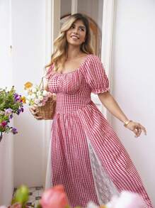 KURAYIA Damen Große Größen Lässig Kleid mit Puffärmeln, Karomuster, Spitze und Netzeinsätzen in Knielänge, eleganter vintage Blumen Romantik Stil, weich & bequem für den Sommer