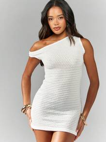 MISSGUIDED Textured Knit Asymmetric Neckline Bodycon Mini Dress Cute Sundress