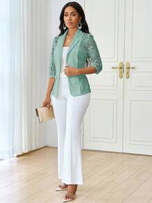 SHEIN Lady Four Season White Suit Women Blazers Women Coat Lace Splicing Elegant Suit