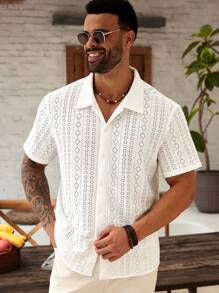 ResortEase Camisa de manga corta casual holgada y con estampado calado para hombres de talla grande