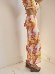 Aralina 花卉印花高腰直筒长裙度假装夏季春季波西米亚风裙子 - 西瓜粉 - 查看 3