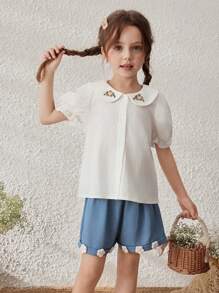 SHEIN 年轻女孩乡村风格刺绣领泡泡袖纽扣衬衫 - 白色 - 查看 6