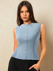 Poéselle Women's Light Wash Denim Top, Sleeveless Round Neck Backless Tie-Back Design, Regular Length Asymmetrical Hem Casual Summer Top