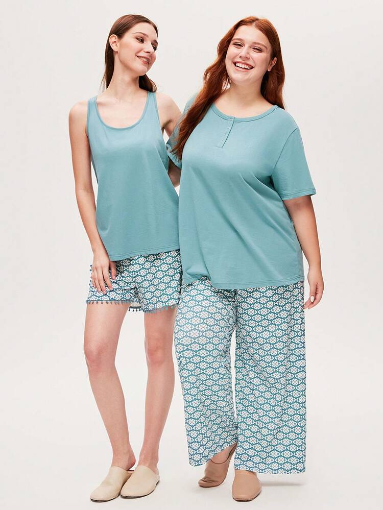 Plus Soft Cotton Short-Sleeve Basic Henley Crew Neck Top & Printed Pants Loungewear Pajama Set