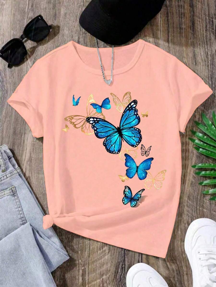 Áo thun đơn giản cổ tròn tay ngắn in hình bướm cho bé gái tuổi mới lớn, mặc thường ngày - Hồng - Xem 1