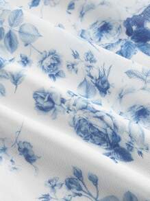 SHEIN MOD Falda asimétrica de línea A con cintura fruncida y lazo lateral, con estampado azul y blanco, para crucero, Hawái, fiesta de té, verano