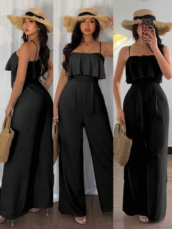 Islaluna Modischer, vielseitig tragbarer Jumpsuit mit Rüschen, Spaghettiträgern und geraffter Struktur, tailliert und mit geradem Bein für Frauen