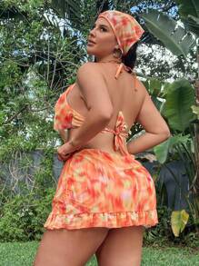 SHEIN Swim Curve Plus Size 3 Pcs Ruffled Tie-Dye Swimsuit Set