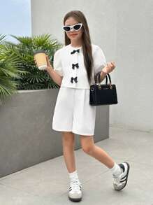 Firerie Kids Firerie Kids Conjunto de top de manga globo de cuello redondo y shorts casuales y de moda para niñas preadolescentes Nova Glow