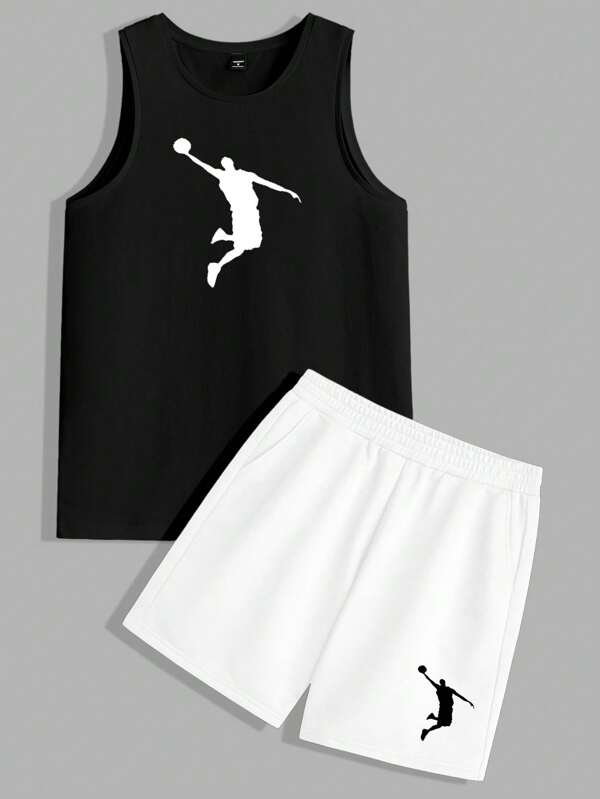 Manfinity Sporsity Basketball Silhouetten Muster Sport Lässig Herren Standard Größe weiß Tank Top und schwarze Shorts Set
