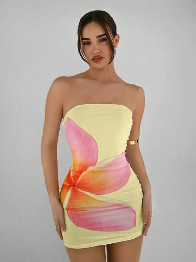 Aloruh Women Floral Print Bandeau Form-Fitting Sleeveless Mini Dress Summer Dresses For Women,Bodycon Dress