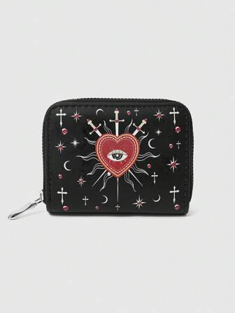 1pc Goth Spring Summer Wallet For Women Palace Gothic Girl Forest Love Eyes Gem Crystal Teardrop Water Drop Eyes Star Heart, Sun, Cross Design Pattern Black Wallet For Daily Use, Halloween