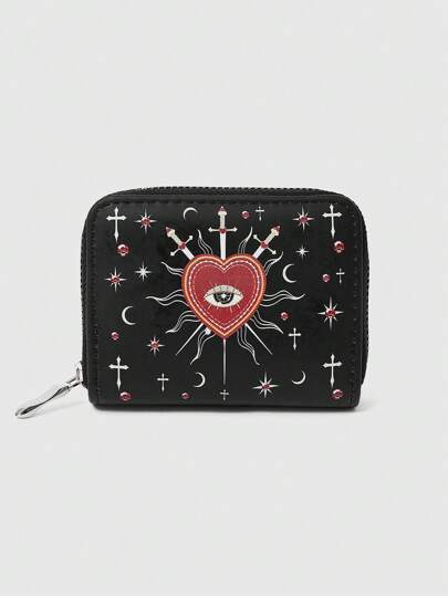 ROMWE 1pc Goth Spring Summer Wallet For Women Palace Gothic Girl Forest Love Eyes Gem Crystal Teardrop Water Drop Eyes Star Heart, Sun, Cross Design Pattern Black Wallet For Daily Use, Halloween