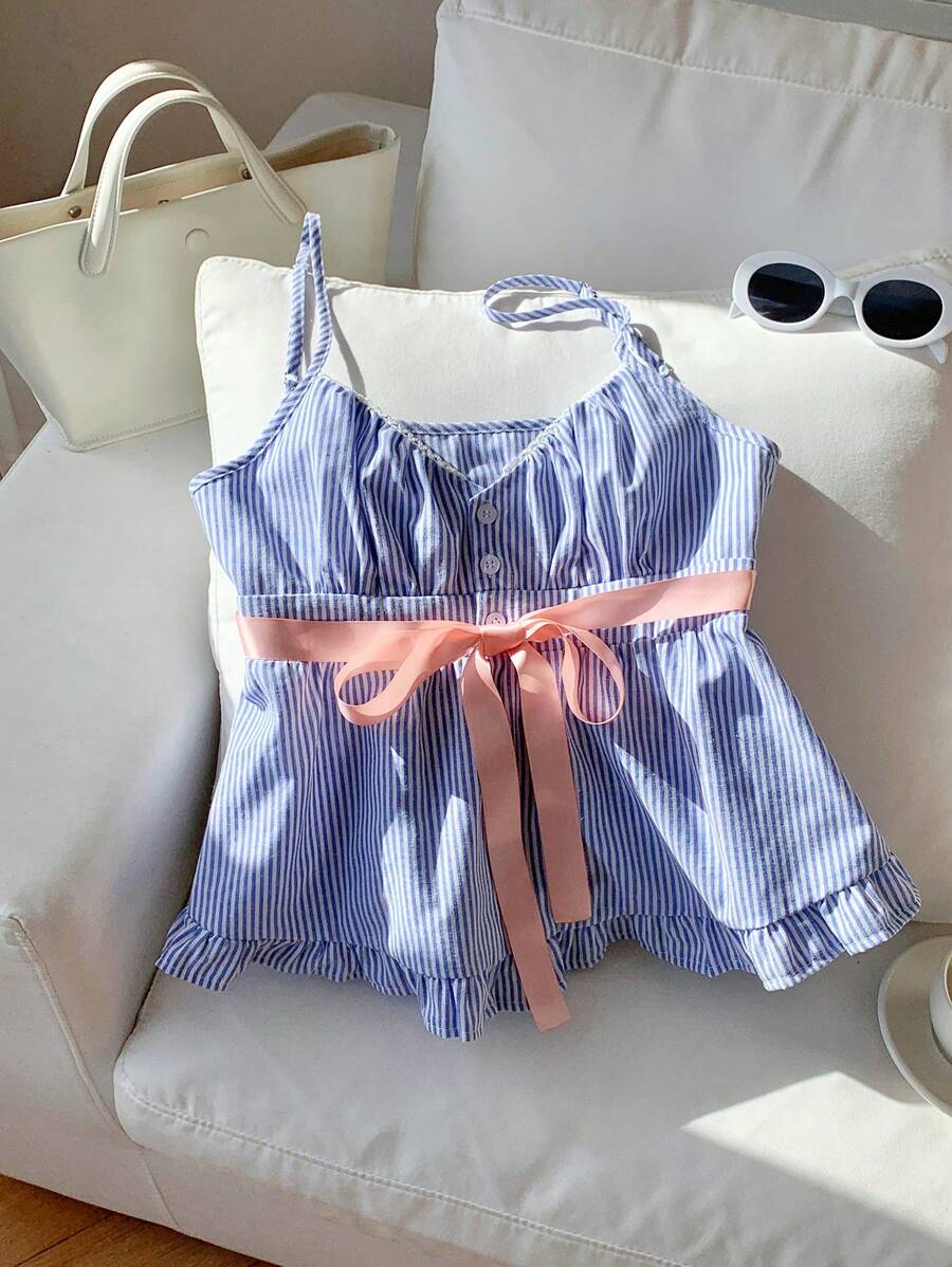 Comfortcana Áo hai dây thiết kế nút bèo nhún cho nữ - Màu xanh lam - Xem 1