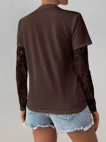 EMERY ROSE Women's Round Neck Fashion Lace See-Through Long Sleeve T-Shirt, Fall Top - Brown - View 2