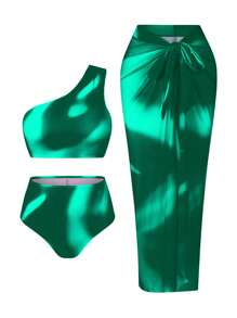 Swim Oasis Plus Size Women's Premium Oasis 3 Pieces Set: Yellow Tie-Dye Print Asymmetric Top With Ruched Waist Pants, Coordinated With Tie-Dye Placement Print Mesh Skirt, For Summer Beach Vacation - Green - View 6