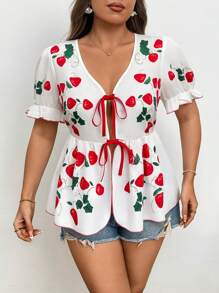Flirla Plus Size Summer Casual Strawberry Print Tie-Up Shirt