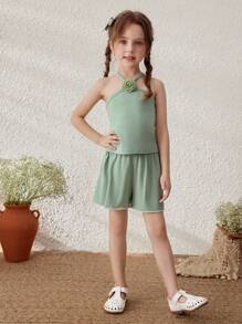 Blossori Young Girls Pastoral Resort 3D Flower Decor Vest & Flower Print Shorts - Green - View 6