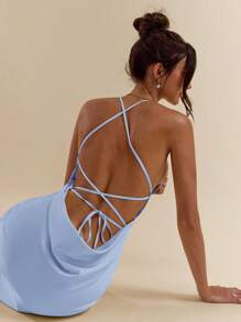 SHEIN BAE فستان أنيق طويل من الساتان بحمالات رفيعة وقصة ظهر مفتوحة، بلون أبيض و بيج فاتح، قصة غطاء الصدر على شكل حرف V عميق، مناسب لحفلات الربيع والصيف، فستان سهرة أنيق، فستان عطلة، فستان وصيفات العروس، فستان حفلة عيد ميلاد، فستان تخرج، فستان أبيض - أزرق فاتح اللون - مشاهدة 6