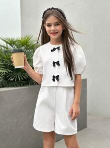 Firerie Kids Firerie Kids Conjunto de top de manga globo de cuello redondo y shorts casuales y de moda para niñas preadolescentes Nova Glow