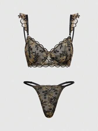 Goth Dunkel Gotisch florales bestickter Bügel BH & Tanga Dessous Set