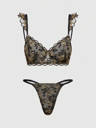 Goth طقم ملابس داخلية من البرا ذات العمود الفقري والسروال العصري المطرز بتصميم الزهور الغوطي الداكن