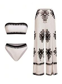 Swim Oasis Women's Swimsuit Set Beach Holiday Bohemian Style High-Waisted Wide-Leg Pants Halter Jumpsuit With Net Shawl, Beige Black Bikini For Summer Beach Vacation - Beige - View 1