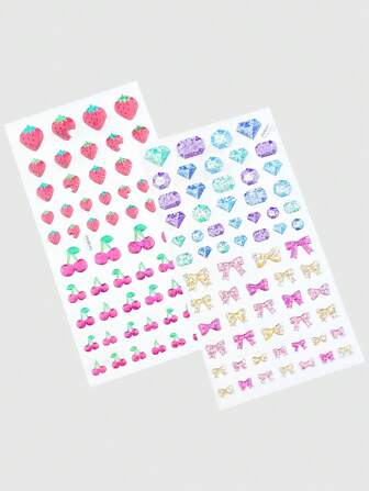 Kawaii 2pcs Cute Holographic Crystal Strawberry, Cherry, Diamante Bow Resin DIY Stickers For Scrapbooking, Planner