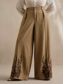 Anewsta Pantaloni eleganti con ricamo floreale per donne formose, adatti per pendolarismo, primavera/estate, ideali per festival, lauree, casual business, vacanze